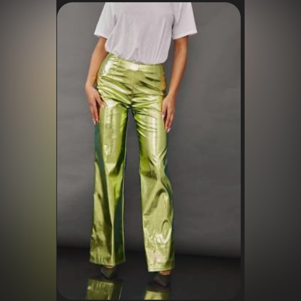 Metallic Crackle Faux Leather Pants- lime
